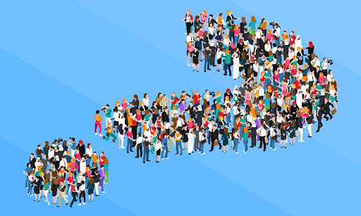 Sociology, graphic of people forming a question mark, Vaia